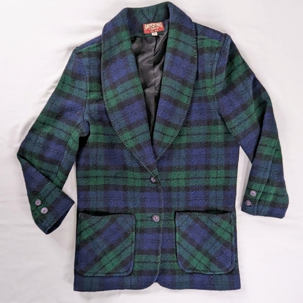 VTG 80s American Eagle Blue Green Plaid Wool Button Up Coat Academia Revival